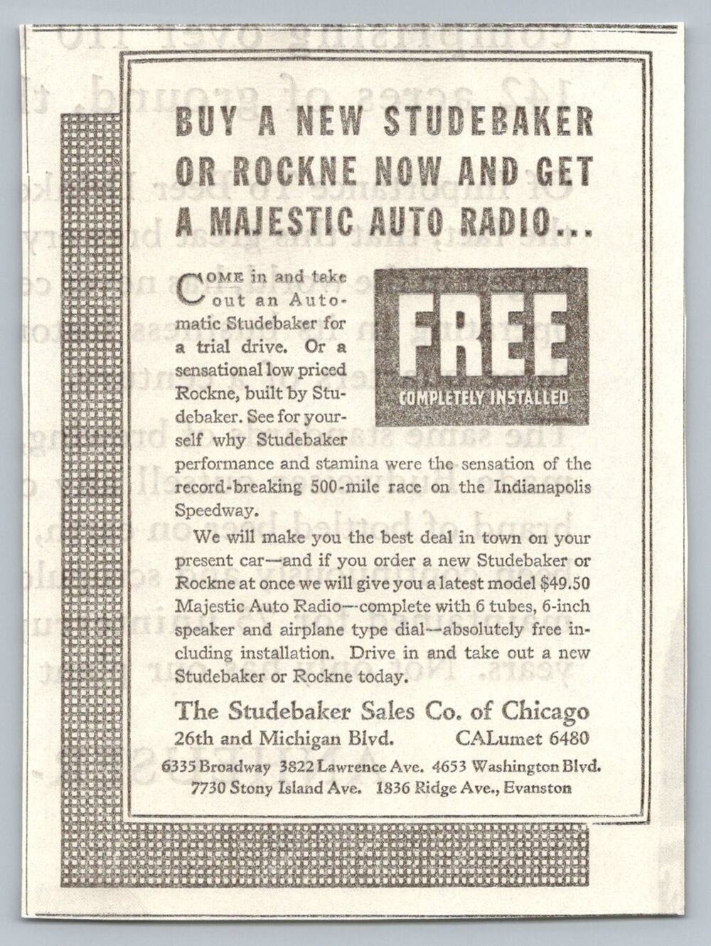 1933 Studebaker Rockne Chicago Auto Ad Majestic Radio Indianapolis 500